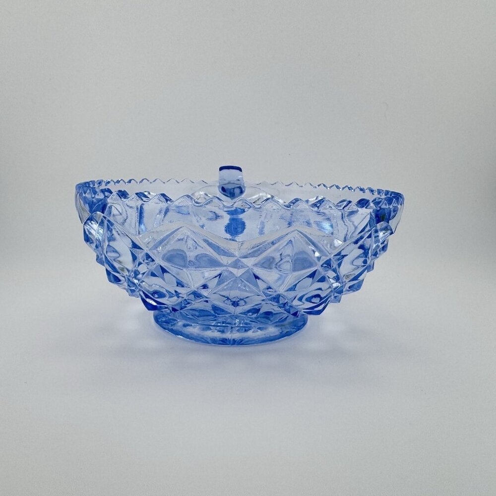 Imperial Glass Little Jewel Blue Depression Glass 4 1/2" handled bowl - Picture 3 of 9